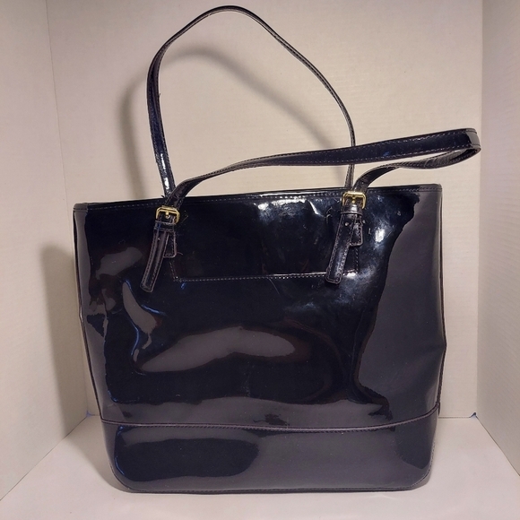 Anne Klein Shoulder Bag Black White Herringbone Textile Patent Leather Purse - Picture 4 of 13